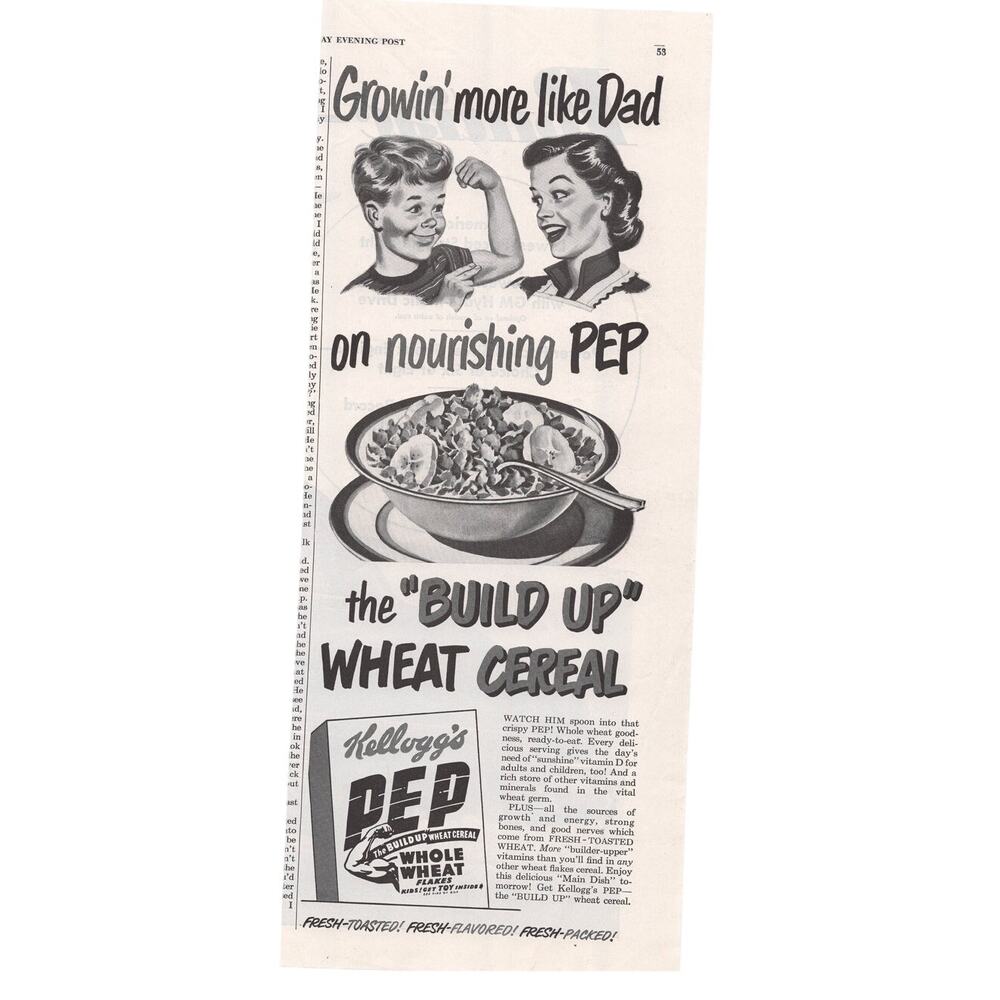 Kelloggs Pep Cereal Advertisement 1950 Vintage Breakfast Wheat Dad Boy Mother